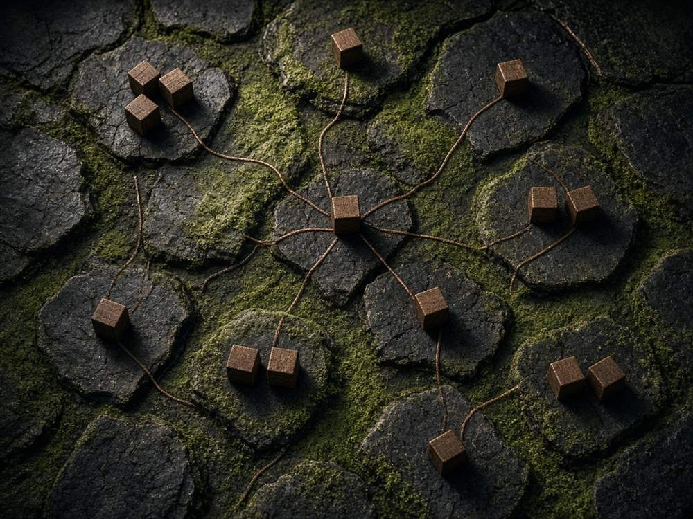 Plateau abstrait de zones sombres reliées par un fil cuivré