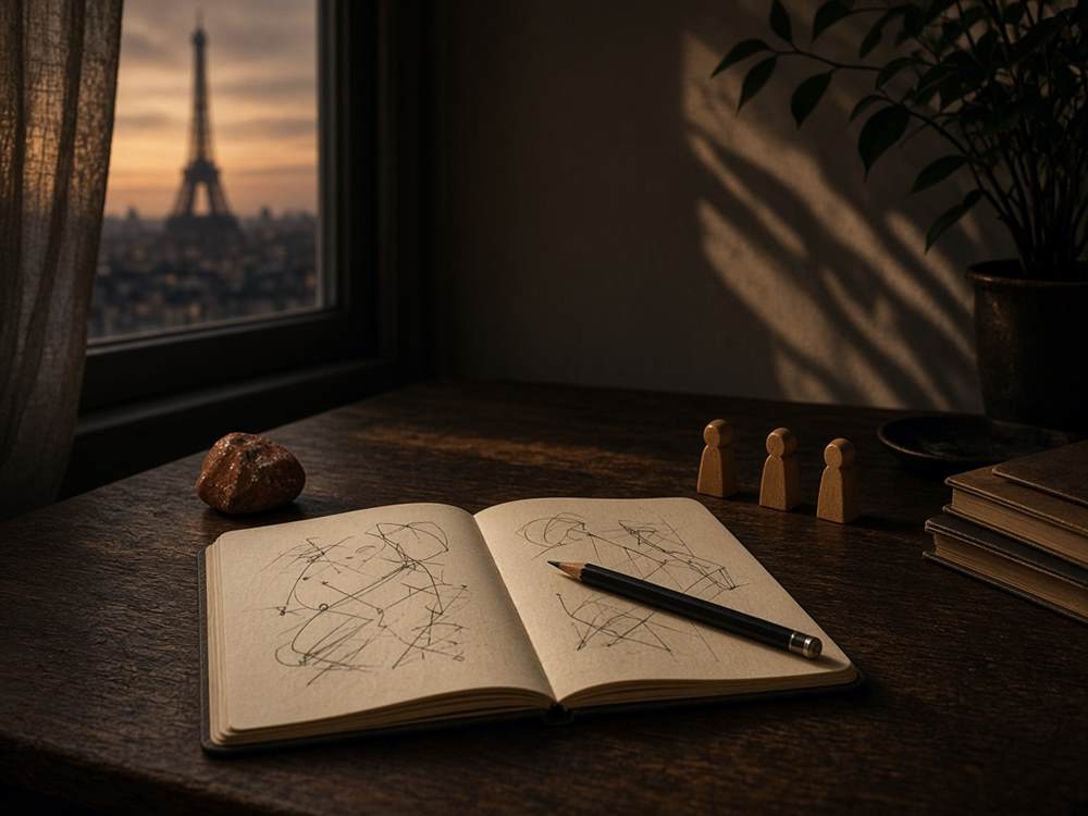 Bureau de rédaction avec carnet, crayon et pierre verte