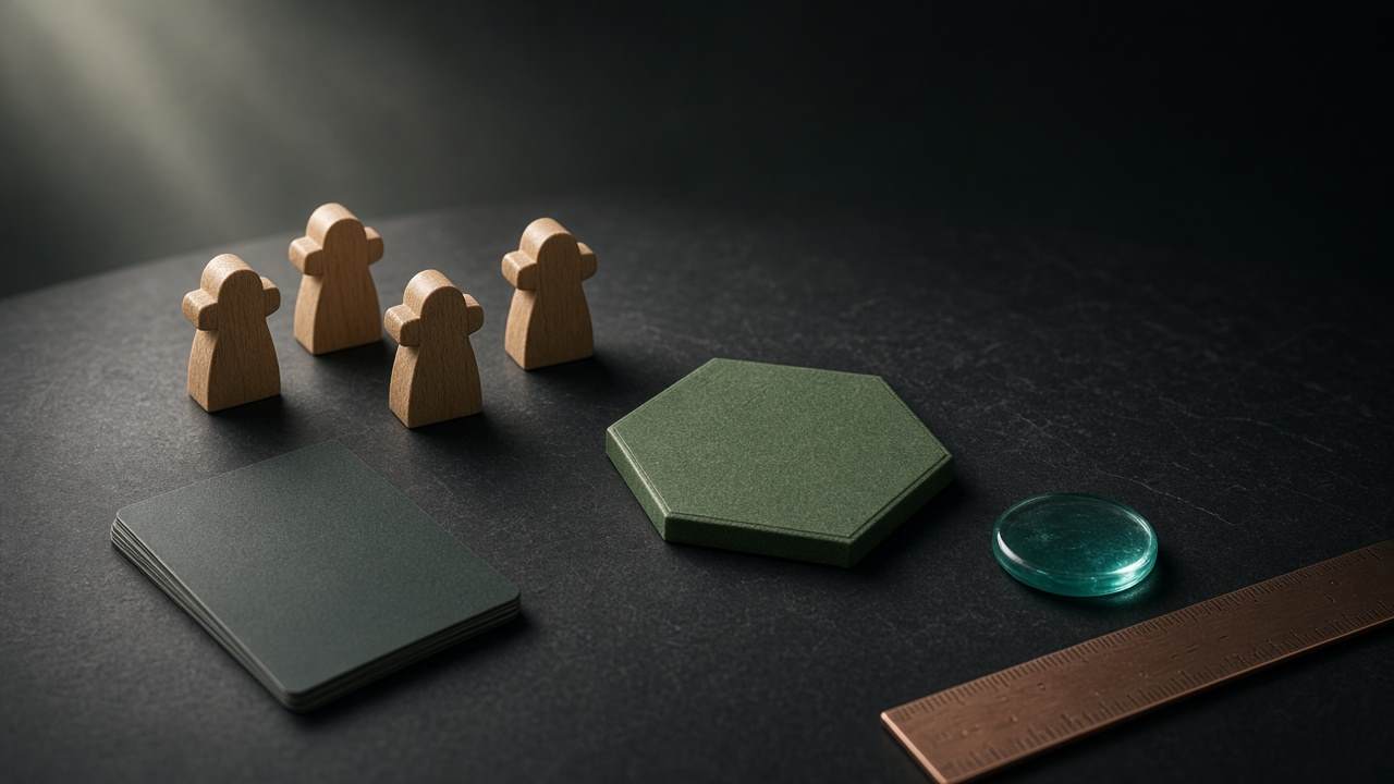 Table sombre avec pions en bois, cartes face cachée et un jeton de verre