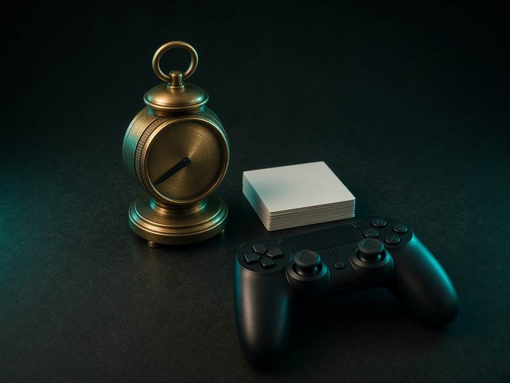 Minuteur en laiton à côté de cartes et d’une manette mate