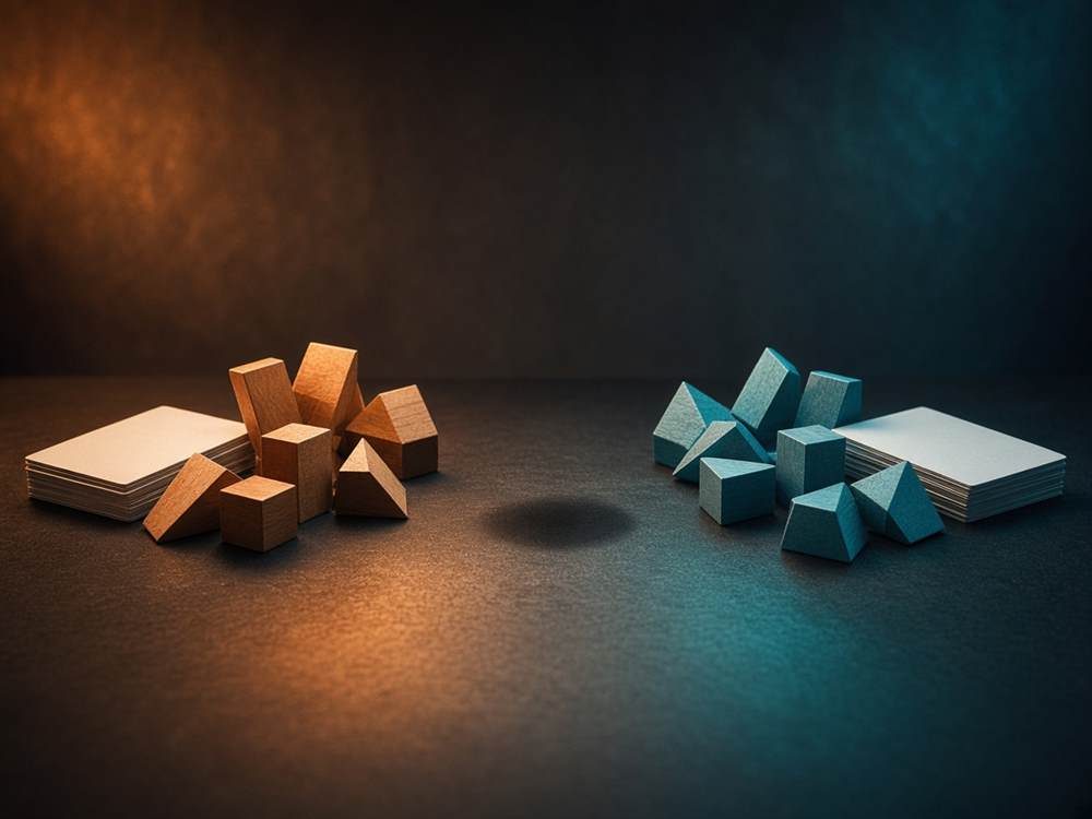 Deux groupes de pions et de cartes face à face